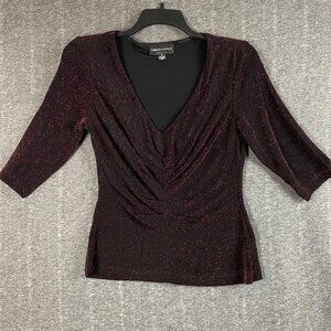 Connected Apparel Womens Black Red Sparkle 3/4 Sleeve Ruched V-Neck Top Medium